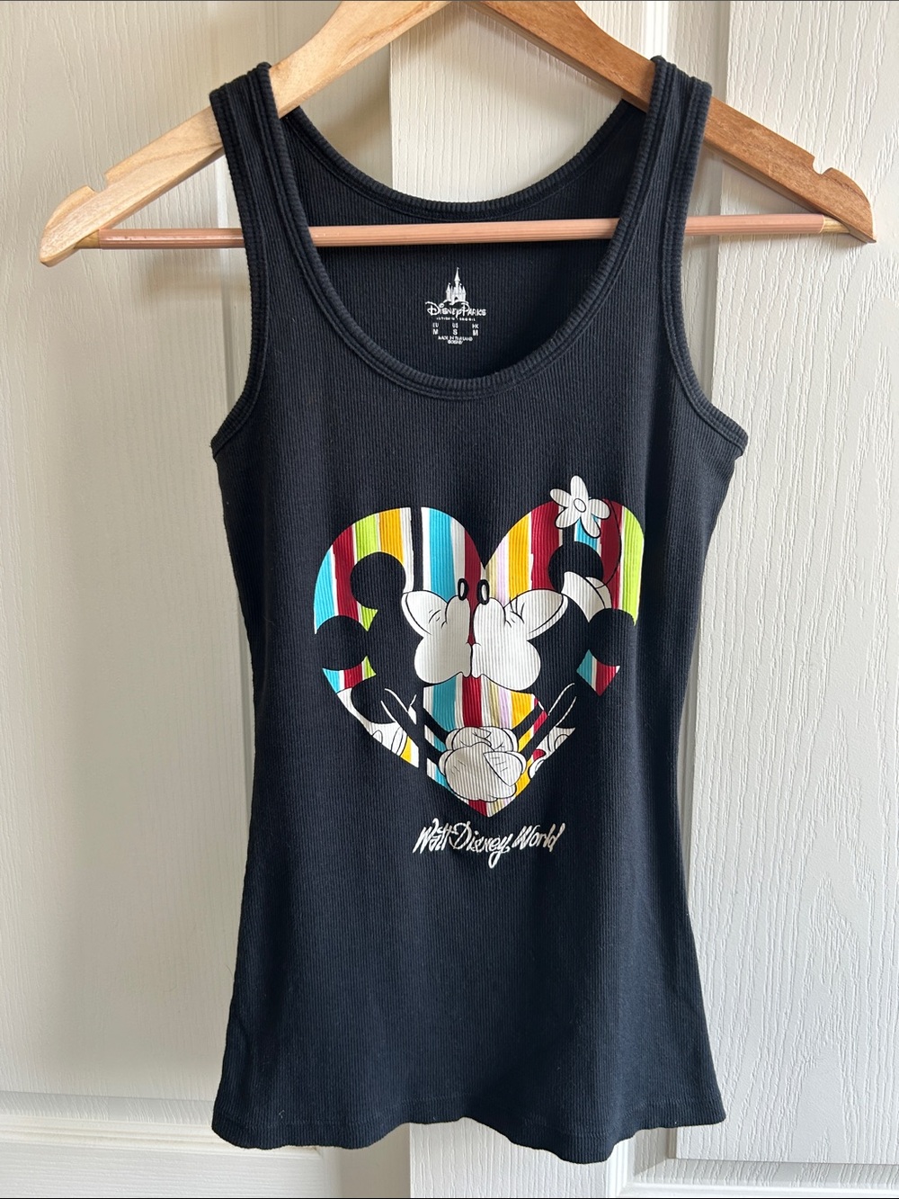 Official Disney Black Tank Top with Multicolor Striped Heart Mickey & Minnie